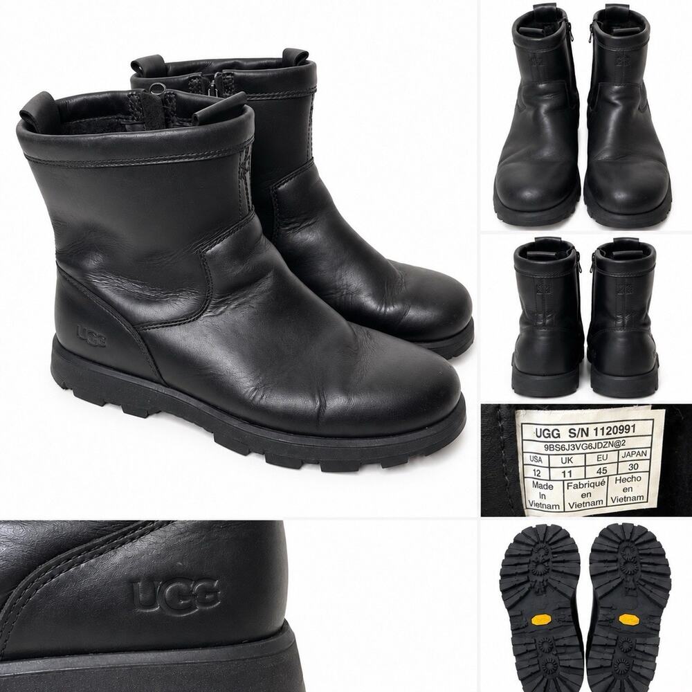 UGG Kennen Men’s 12 Black Leather Waterproof Zip Boots Vibram Sole